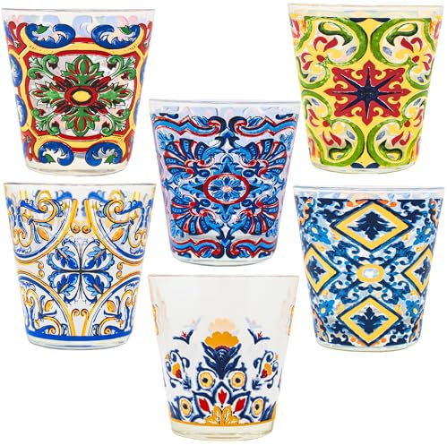 NAMAI - Set 6 Bicchieri Colorati Vetro, 270 ML, Design Unico, Adatti alla Lavastoviglie e Microonde, Vetro Resistente, Colori Vivaci, Idea Regalo, Made In Italy