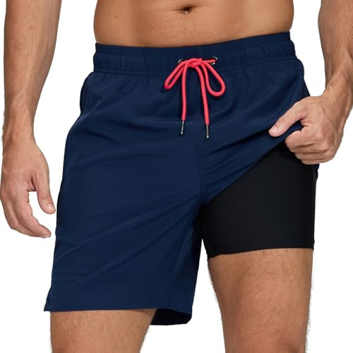 Aisprts Swimming Shorts Men Swimming Trunks with Compression Liner 2 in 1 Quick Dry Water Repellent Mens Swim Shorts Board Shorts Beach Shorts with 2 Zipper Pockets Navy Blue