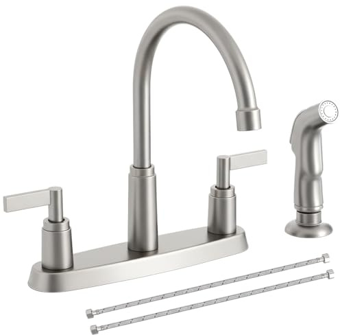 Kitchen Faucet with Sprayer, Brushed Nickel Stainless Steel Kitchen Sink Faucet with Side Sprayer, 3 Hole or 4 Hole Faucet for Kitchen Sink, Commercial RV Laundry Utility Kitchen Faucet KMF023L-1