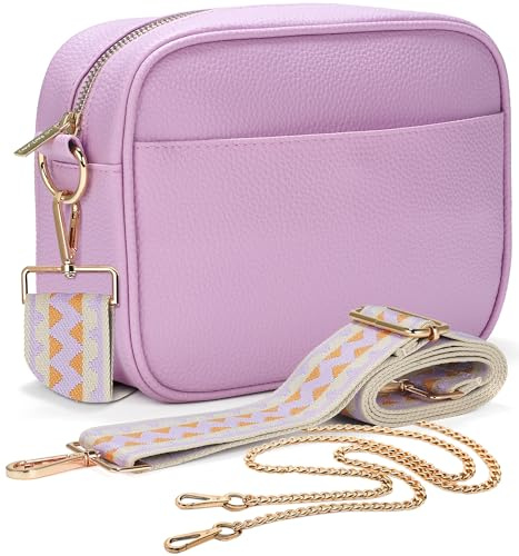 Lily England Cross Body Bag Women - Multiple Pockets - Adjustable Wide Strap and Chain - Black Handbag Crossbody - Over the Shoulder Bag (D. Lilac - Zig Zag Strap + Gold Chain)