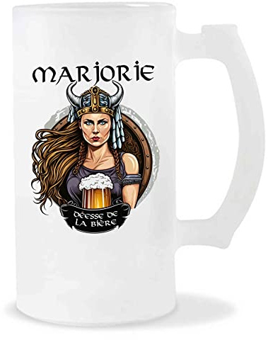 Planetee Chope de Bière Prénom Marjorie Femme Viking Valkyrie Design guerrière| Verre à bière pinte Cadeau Apéro Humour alcool pour amatrice de bière