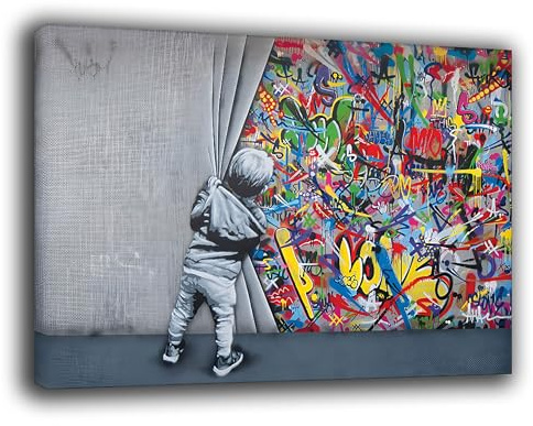 Printerland Quadri Moderni Soggiorno Bambino apre sipario Banksy stile Quadro moderno da Parete XXL grande Stampa su tela Canvas Decorazione Murale muro Arredo Camera da letto Cucina (30x40 cm, 1)
