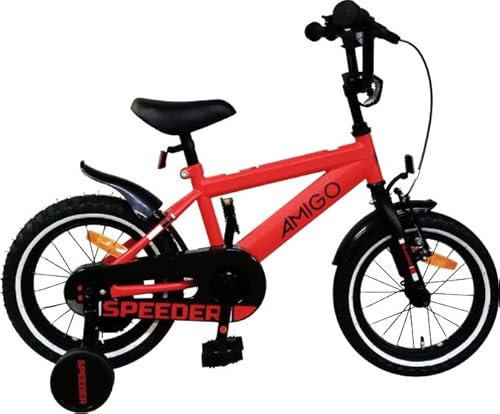 AMIGO Speeder - Kinderfahrrad - 14 Zoll - mit Handbremse, Rücktritt, Lenkerpolster und Stützräder - ab 4-5 Jahre - Rot/Schwarz