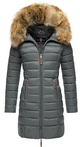 MARIKOO Damen Wintermantel warmer Steppmantel lang mit Kapuze und abnehmbarem Kunstfell-Kragen Rose Stormy Blue Gr. M