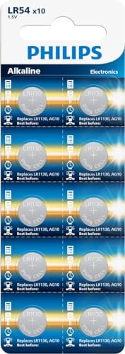 Philips AG10 G10 LR1130 LR54 Pile bouton alcaline 1,5 V - Lot de 10 piles bouton