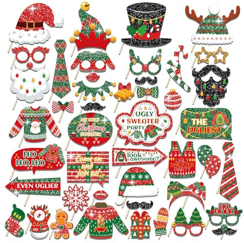 45 Stück Weihnachten Foto Requisiten,Fotobox Accessoires für Weihnachten,Tischdeko Weihnachten,Weihnachtsparty Foto Booth Requisiten Dekorationen,Weihnachten Party Deko Zubehör