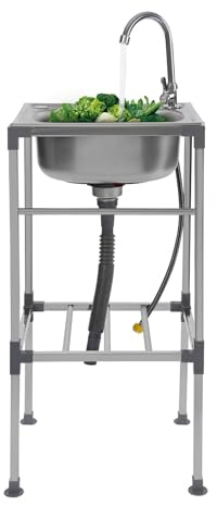 Freistehende Edelstahl Spültisch 1 Becken, Camping Spüle Mit Unterschrank, 60kg Belastbarkeit Outdoor Spüle Camping Waschbecken Mobiles Waschbecken Ideal für Küchen, Garagen, Hinterhöfe (38x33x83cm)