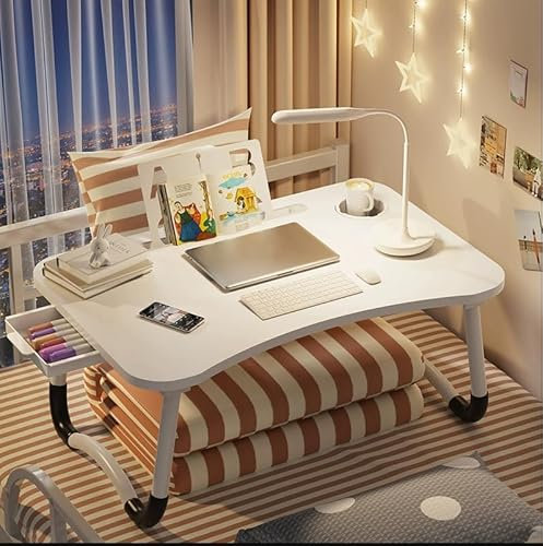 Mesa Plegable para Portátil Escritorio para Cama o Sofá Bandeja Multifuncional para Estudio, Trabajo, Desayuno Ideal para Jóvenes en Casa o Viaje (con Cajon, Blanco)