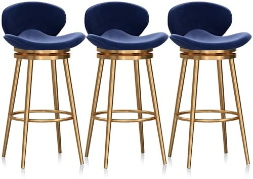 Drehbarer Barhocker aus Samt, 3er-Set, mit Rückenlehne, Barhocker, blau, gepolsterte Barstühle für Küche, Bar, Café, goldfarbenes Bein, modernes Design und Komfort, 3er-Set