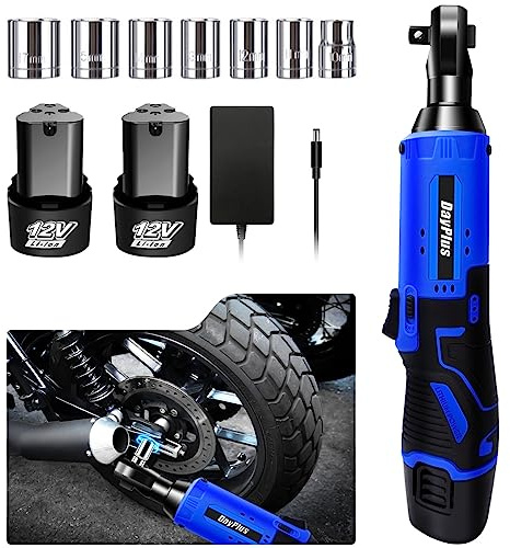 Huini 12V Cordless Ratchet Wrench, 3/8 Electric Ratchet Wrench Kit 40N.m, 300 RPM,Impact Drive Ratchet Rattle Nut Gun with 2 x Lithium-Ion 1.5Ah Battery and Fast Charge,7 PCS Sockets,Blue/Black