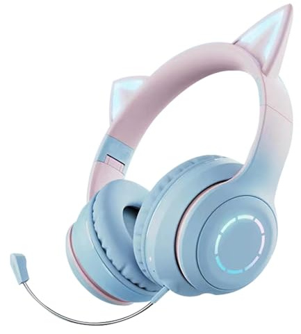Pzuryhg Casque sans Fil avec Oreilles de Chat RVB, Casque avec, Son stéréo, Casque sans Fil Mignon avec lumières RVB, Casque Supra-auriculaire pour Filles Compatible avec 3,5 mm