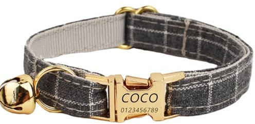 Katzenhalsband Haustierhalsband mit individueller Gravur, personalisiertes Katzen Halsband mit Sicherheitsverschluss, individuelle Halsbänder mit Glöckchen für Katzenjungen mädchen (Graues Gitter,S)