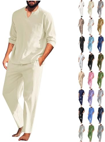Weiss Leinenanzug Herren Sommer Leicht Baumwolle Leinen Zweiteiler Lang Elegant Freizeitanzug Einfarbig Langarm Leinenhemd und Hose Yoga Outfits V-Ausschnitt Shirt Beach Lässig Anzug Hellblau 5XL 6XL