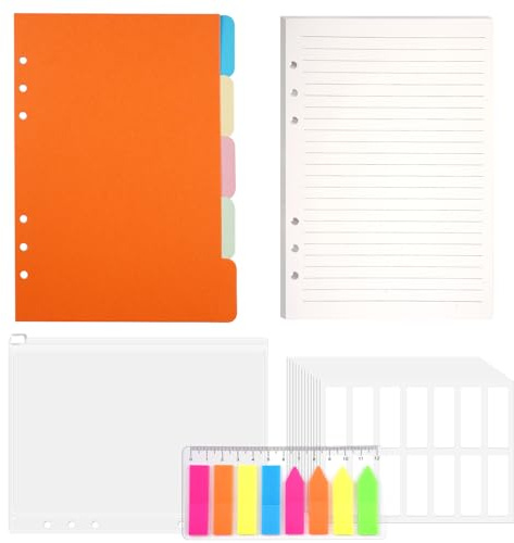 A5 Recharge Papier 6 Trou 45 Feuilles Lignées Kit Complet avec Pochette Zippée, 5 Intercalaires Colorés, Étiquettes d'Index et Règle en Plastique pour Carnets à Anneaux, Planificateur et Organiseurs