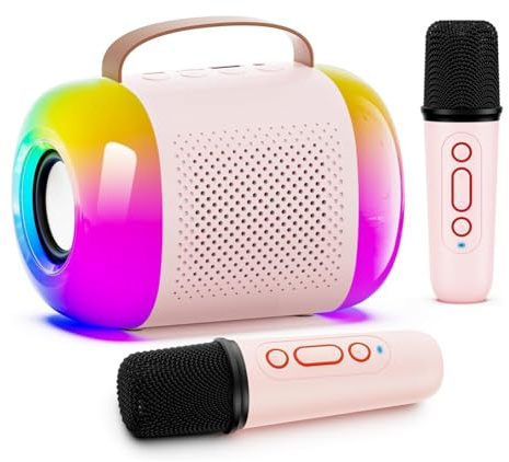 Vocdikficy Mini Macchina per Karaoke per Bambini e Adulti, Altoparlante Bluetooth Portatile con 2 Microfoni Wireless e Luci Colorate A LED