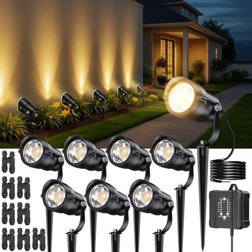 All-In-One Outdoor Garden Lights + 100W Transformer Photocell +Connectors, Garden Spotlights Mains Powered with Timer and Sensor, IP67 Waterproof Outdoor Spike Spotlight for Lawn Yard Path Patio