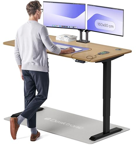 Desktronic Höhenverstellbarer Schreibtisch aus massivem Eichenholz (160x80cm) – Elektrisch höhenverstellbar mit flüsterleisem Dual-Motor & Touchscreen – Hohe Tragfähigkeit – Stehtisch HomePro