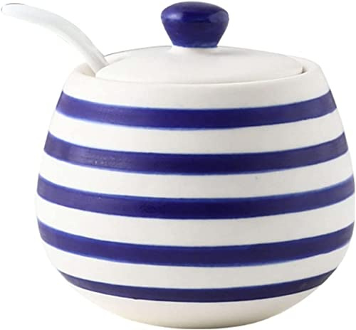 ZONSHJDKR Sucrier Sucrier à rayures bleues avec couvercle, décoration de cuisine, pot à épices, pot bleu 3 en 1