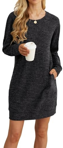 PrinStory Pulloverkleid Damen Winter Langärm Winterkleid Lässig Rundhals Sweatkleid Freizeitkleid Strickkleid Mit Seitentaschen (Dunkelgrau, S)