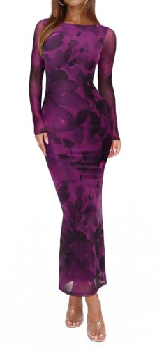 REORIA Women's Fall Mesh Sheer Long Sleeve Wedding Guest Dress Sexy Floral Bodycon Maxi Long Dresses Purple Nebula Blossom Medium