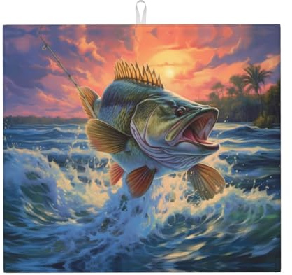 Tappetino scolapiatti per cucina Wzywhj Bass Fishing Wave Picture in spugna assorbente 45,7 x 40,6 cm