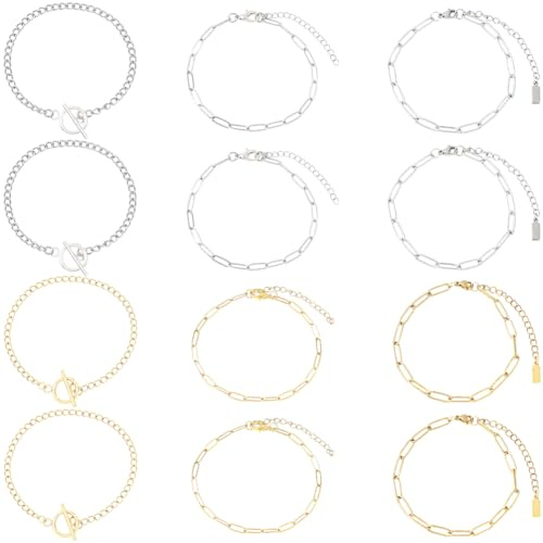SUNNYCLUE 1 låda 12 st 6 stilar justerbara armband länk rostfritt stål armband kedja guld silver metall förlängare pappersklippare OTT lås armring länkkedjor för smyckestillverkning gör-det-själv