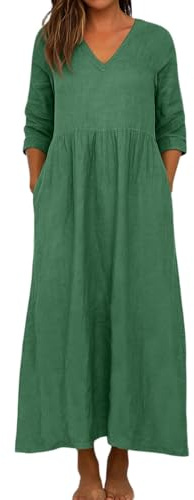 Générique Combinaison Femme Chic Femme Robe Longue Femme Coton et Lin Couleur Autumn Casual Boho Col en V à Volants A-Line Manches Longues Robes pour Femmes Automne Vacances Vert XXL