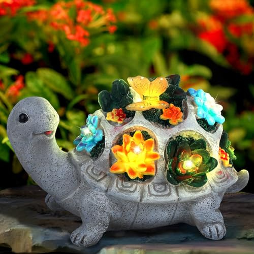 Pawfly Solar Garten Skulpturen Solar Deko Schildkrötendekoration mit Sukkulenten 7 LED Lichtern Resin Schildkrötenfigur Outdoor Solarleuchten für Balkon Terrasse Veranda Rasen Garten