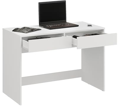 KOMTO Schreibtisch Weiß mit 2 Schubladen – Computertisch, Bürotisch, PC Tisch mit Stauraum, Arbeitstisch für Home Office, Kinder- & Jugendzimmer | Desk NOVA2 110 x 52,8 x 76 cm