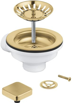 GROHE Pop-Up Waste Set for One-Bowl Kitchen Sink (1 Square Remote-Control Knob, Overflow Frame and Strainer Plug), Brushed Gold, 40400GN0