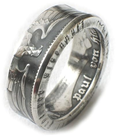 Generisch Münzring 5 Reichsmark 1936-1939 Adler, original Münze Silber 900 im Vintage Finish + Schmuckbeutel - Silberring Handgefertigt in Deutschland, Herren Ring Damen