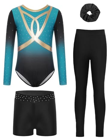 Alvivi 4Pcs Mädchen Turnanzug Glitzer Gymnastikanzug mit Hose Shorts Haarband Farbverlauf Langarm Ballettanzug Turntrikot Gymnastik Kleidung Blau Grün 146-152