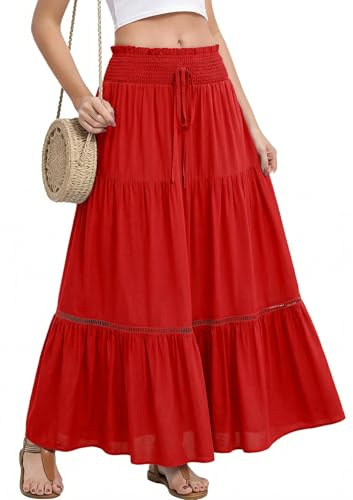 HEEKPEK Faldas Mujer Verano Cintura Alta Largas Falda Bohemia Maxi Corte A Falda Básica de Faldones para Vacaciones Playa Casual (Rojo, M)