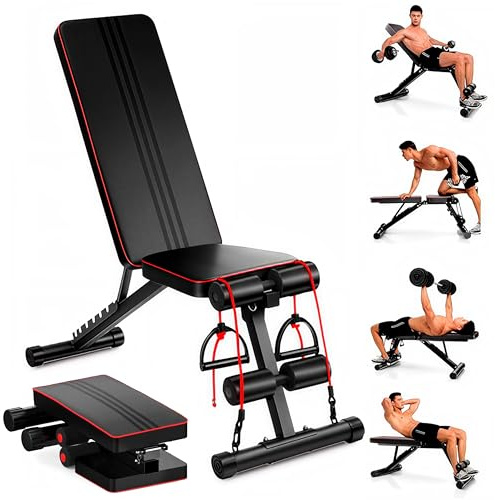EveryKip Banco de Musculación Ajustable y Plegable para Pesas y Mancuernas, Banco de Pesas Multifunción Gimnasio en Casa, Entrenamiento 7 en 1,Regulable, Abdominales