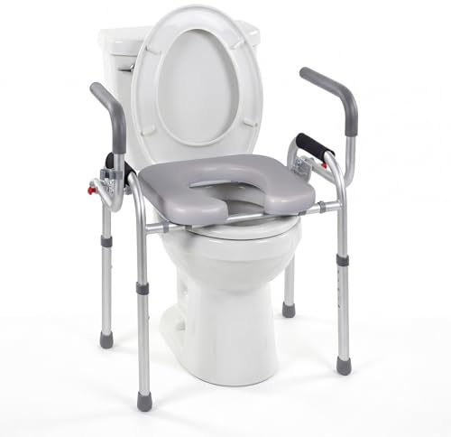 COSTWAY Toilettensitzerhöhung, WC Sitzerhöhung mit faltbarer Griff & gepolstertem Sitz, 5-fach höhenverstellbar 49-59 cm, Aluminium, Toilettenstuhl mit Duschkopfhalter, Erhöhter Toilettensitz, Weiß