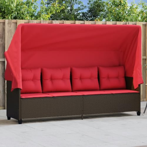 Mokuyary Sonnenliege mit Dach und Kissen Braun Poly Rattan, Strandliege Gartenliege Liegestuhl für Garten, Balkon, Terrasse, Camping, Strand, Pool -A