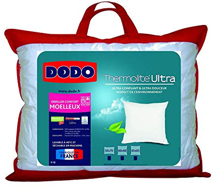 DODO | Oreiller Ultra Gonflant 60x60 | Confort Moelleux | Oreiller Maxiconfort Thermolite Ultra | Doux et Fibre Recyclée | Fabriqué en France | Lavable en Machine à 40°c