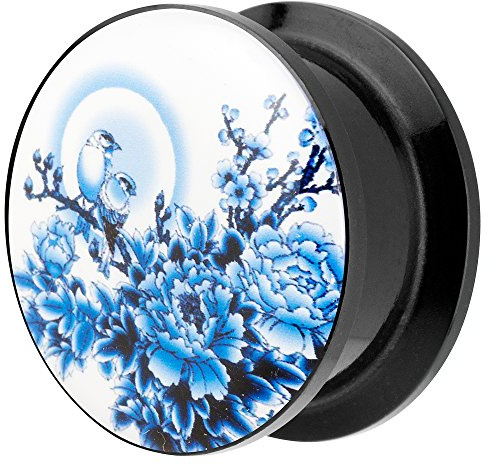 Piersando Ohr Plug Piercing Kunststoff Motiv Comic Picture Flesh Tunnel Ohrplug mit Meisen Kirchblüten Vögel Blau Schwarz Weiß