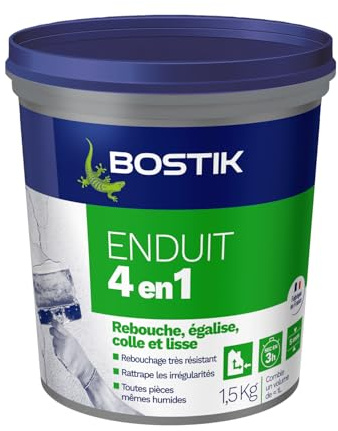 BOSTIK Enduit Mural 4 en 1 Pâte - Pot de 1.5kg | Rebouche - Egalise - Lisse - Colle - Intérieur/Extérieur - Couleur : Blanc