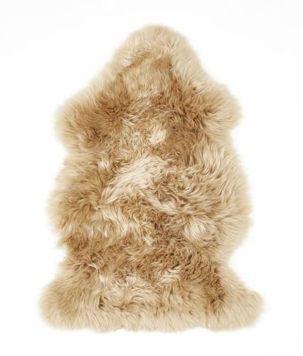 LUXOR living Schaffell echt, Fellteppich, Bettvorleger, 60 x 85 cm, Cognac | Oberseite 100% Wolle, Rückseite 100% Leder gegerbt, Florhöhe ca. 50 mm, Kuschelteppich