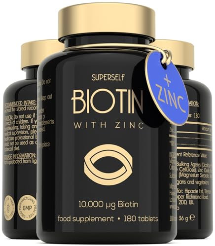 Biotin Hair Growth Tablets - Hair Skin and Nails Vitamins for Women & Men - 180 Biotin Tablets with Zinc 10000 mcg - High Strength Supplements - UK Made - Superior Absorption