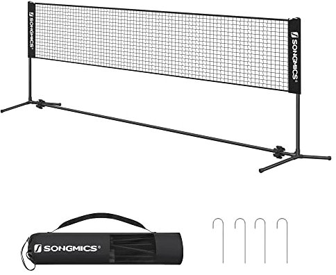 SONGMICS Rete da Badminton Tennis Pallavolo 5 m, con Pali ad Altezza Regolabile, Rete Portatile per Volano Beach Volley, Pickleball, Giardino Parco Esterno, Nero SYQ500HV1