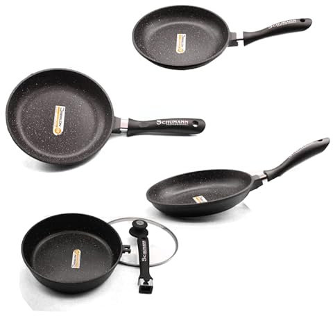 Schumann Professionnel - Lot 3 Poêles 20/24/28cm - Sauteuse 28cm - Revêtement en Pierre - Compatibles Tous feux dont Induction - Fonte d'Aluminium Sans PFOA - Manches Fixes - Couvercle Sauteuse inclus