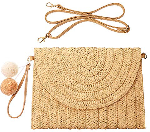 Frienda Straw Clutch Shoulder Bag for Women Straw Woven Purse Summer Beach Purse Rattan Handbag Wallet(Light Brown)