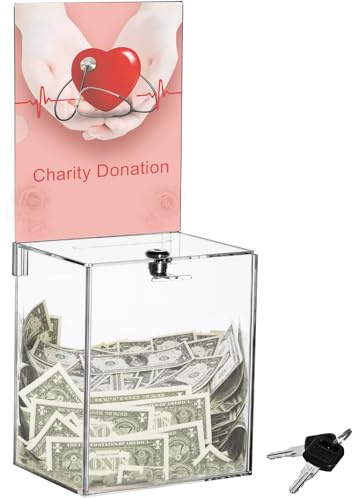 YOUEON Große Acryl-Spendenbox mit Schloss und Schildhalter (17 x 13 x 20 cm), transparent, vielseitig einsetzbar für Vorschläge, Luftballons, Tipps, Tickets, Abstimmungen, Wohltätigkeitsorganisationen