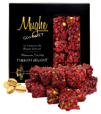 Mughe Gourmet Turkish Delight Geschenkbox, 360g Zereshk Berberitzen & Pistazien Lokum im Sichtfenster-Karton, Vegane Süßigkeiten