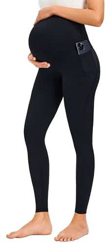 JOYSPELS Mamma-leggings över magen med fickor icke-genomskinliga träningskläder graviditet leggings, Svart, XS
