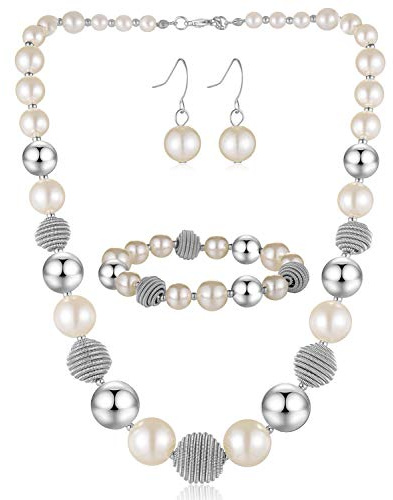 BULINLIN Chunky Beaded Silver Necklace Earrings Pearl Handmade Bracelet Set Statement Costume Fashion Jewellery Set Birthday Gifts for Women(White pearl)