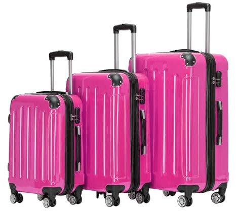 BEIBYE Hartschalen Koffer Trolley Rollkoffer Reisekoffer 4 Zwillingsrollen Polycabonat (Pink, Kofferset)