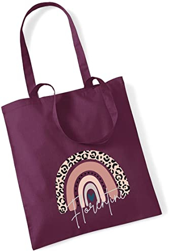 Jutebeutel bedruckt mit Namen & rosa Regenbogen LEO-Print |Stofftasche Baumwolle inkl. Namensaufdruck für Mädchen | Personalisierter Kinderbeutel Tragetasche für Krippe, Kindergarten, Schule
